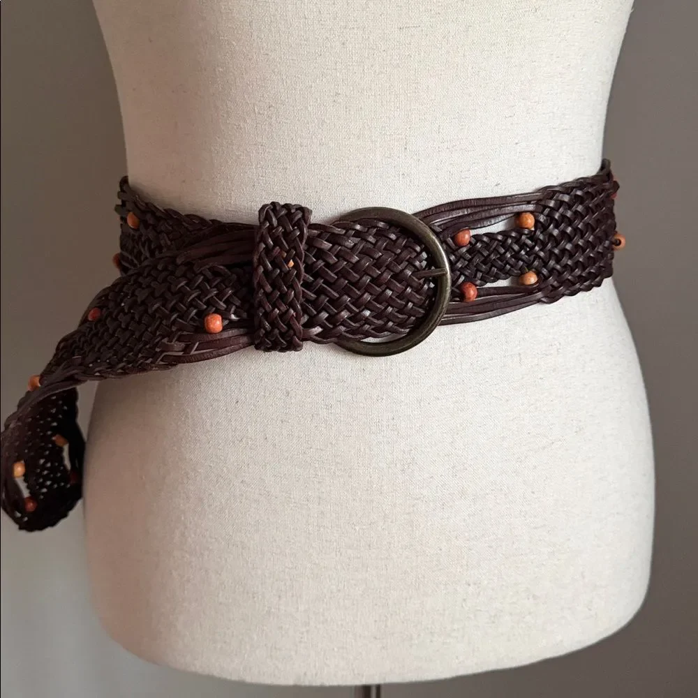 Vintage Ann Taylor LOFT Woven Leather Belt Brown Size L Boho Brass Buckle
